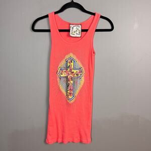Y2K long ribbed tank top Mexican folk art Cross anthropology large VTG Skater